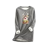 Zilosconcy Damen Sweater Langarmshirt Elegant Lang Rundhals Oberteil Mit Print Pullover Sweatshirt Casual Bluse Lammwolle Locker Pullover mit Hirschmuster Weihnacht Jump