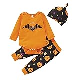 XEKE Halloween Streifen Kürbis Fledermaus Anzug, Halloween Langarm Kürbis Kleid Hose Hut, geeignet für Jungen und Mädchen im Alter von 0-18 Monaten-Pumpkin Clothes||70