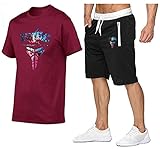 XIKONG Herren-Trainingsanzug Set mit kurzen Ärmeln, T-Shirts, 2 Stück, Sommer-Set, lässig, Farbblock, Laufen, Secundar, Rot, Weinrot, L