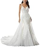 TANPAUL Brautkleid Meerjungfrau Spitze Lang Herzausschnitt Hochzeitskleid Träger Kleid mit Abnehmbare Schleppe Rückenfrei Mermaid Hochzeit Abendkleid Partykleid Lang Weiß 34