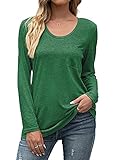 T-Shirt Damen Langarmshirt Rundhals Tops Casual Bluse Lange Ärmel Pullover Shirts Lose elegant,Grün,M