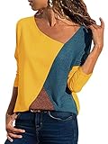 T-Shirt Damen Langarmshirt Casual V Ausschnitt Farbblock Tops Bluse Pullover Oberteile (Gelb, L)