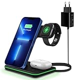 Kabelloses Laden,15W Fast Wireless Charger(QC3.0 Adapteren thalten) Qi Induktive Ladestation Schnelles 3 in 1 Kabelloses Ladegerät für iPhone 13/13 Pro/12/11/X/SE,Apple Watch 7/6/5/4/3/SE und Airp