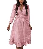 XWLY Kleid Damen Elegant Druck Hohe Taille Fließendes Mittlere Länge Damen Freizeitkleid Frühling Sommer Sexy V-Ausschnitt Täglich Dating Urlaub All-Match Damen Chiffon-Kleid B-Pink L