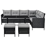 Juskys Polyrattan Lounge Manacor schwarz — Gartenlounge mit Sofa, Tisch, 2 Hocker & Kissen — Gartenmöbel Set bis 7 Personen — Sitzbezüge in G