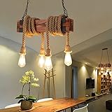 Vintage Industrie Pendelleuchte E27 Holz Rechteck Hängelampe Esstisch Hanfseil Retro Kronleuchter 4 Köpfe Edison Rustikal Industrial Hängeleuchte für Esstisch Küche Wohnzimmer Bar Cafe Licht Ø54