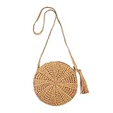 Tiamu Rattan H？keln Stroh Gewebt Korb Bali Handtasche Runde Kreis Umh？nge Tasche K？ufer Strand Handtasche (Hell)