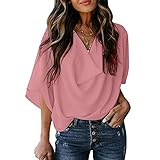 XUNN Damen Tops Kleid Mode Lässiges Drapiertes Lockeres Hemd Oberteil mit Ausgestelltem V-Ausschnitt D