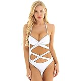 dPois Damen Zweiteiler Bikini Bademode Oberteil mit Bügel High Cut Bikinihose Retrolook Gekreuzt Badebekleidung Swimsuit Weiß XX-Larg