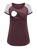 Love2Mi Damen Stillshirt Kurzarm Umstands Nursing T-Shirt Tops Schwangerschaft Umstandsmode,Weinrot-b,S