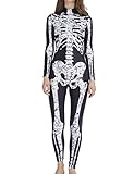 AIDEAONE Halloween Kostüm Frauen Knochen Aufdruck Overall Catsuit Knochen Skeleton Anzug Karneval Fasching