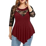 DOMBX Übergroße 3/4-Ärmel Rundhals Lose Tunika Tops für Damen Aushöhlen Spitze Blumen Sexy Asymmetrisch Abfallender Saum Rüschen T-Shirt Hemden Frauen Große Größe Baumwolle Bauchfreie Bluse Ob