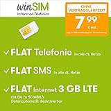 Handyvertrag winSIM LTE All 3 GB - ohne Vertragslaufzeit (FLAT Internet 3 GB LTE mit max 50 MBit/s mit deaktivierbarer Datenautomatik, FLAT Telefonie, FLAT SMS und EU-Ausland, 7,99 Euro/Monat)