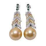 JYX Pearl Ohrringe aus 18 Karat Gold, AAA+, hochwertig, luxuriös, echte 16 mm runde goldene Südsee-Zuchtperle, baumelnde Ohrringe mit Diamanten für D