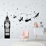 decalmile Wandtattoo Peter Pan Big Ben Wandsticker Schriftzug Never Grow Up Wandaufkleber Kinderzimmer Babyzimmer Schlafzimmer Wanddek