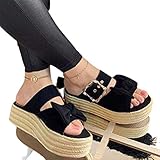 JHGF Damenmode Sandalen Sommer Slip-On Hausschuhe Plateau Bowknot Sandalen Offene Spitze Bequem Atmungsaktiv Flip Flop rutschfeste Strand Espadrilles Wedges Schuhe (Schwarz 39 M Eu)