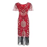 Damen Flapper Kleid Retro 1920s Stil Great Gatsby Charleston Kleid Quasten Voller Pailletten Abendkleid Vintage 20s V-Ausschnitt Abschlussball Motto Party Fasching Kleid(Size:XXL,Color:rot)