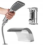 REA Badewannenarmatur Badewanne Wasserhahn mit Handbrause und Schlauch | Wasserfall Mischbatterie Badewanne aus Messing Dusche Set | 3 Loch Set Wannenbatterie | Silber Wannenarmatur Moderner S