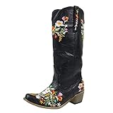 Damen Frauen Reitstiefel Hohl Totem Bestickte Westernstiefel mit Schnürsenkel Langschaft Kniehohe Niedriger Absatz Winterstiefel für Frauen Western Cowboy Mitte Wade Stiefel Lang