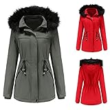 CHIKAN Damen Mantel Winterjacke Wintermantel Warme Manteljacke für Damen in Übergröße Outwear mit Kunstpelz gefütterter Trenchcoat Winter mit Kapuze Dicker Mantel Damen Parka rot M