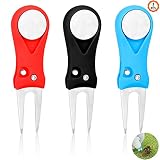 Yangfei 3 Stück Golf Pitchgabel, Golf Divot Tool Faltbare Golf Pitch Gabel Edelstahl Golf Stimmgabel mit Abnehmbarem Ballmarker Golfplatzgeräte Putting Green Reparatur Kit(Schwarz Blau Rot)