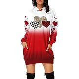 Valentinstagpullover Damen Langarm Pulloverkleid Valentinstag Cartoon Drucken Hoodie Kleid Pullover Langarm Valentinstagkleid Rockabilly A-Linie Partykleid Kapuzenpullover Winter Warm Samt Minik