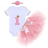 FYMNSI Baby Mädchen 1. Erster Geburtstag Party Kleidung Krone Strampler Prinzessin Tütü Rock Stirnband Outfit Set 3tlg 1 Jahr Baby Geburtstagsparty Kleider Geschenk Festliche Sommer Kleidung