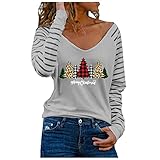 Timitai Frauen Weihnachtsdruck Frohe Weihnachten Stitching Stripe Langarm V-Ausschnitt T-Shirt Top Casual Womens Herbst Tops 2021