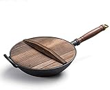 Woks Bratpfannen aus Gusseisen für den Haushalt, multifunktionale Wok-Bratpfanne mit Holzdeckel, Durchmesser und großem Griff, Wok (Farbe: C)