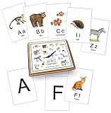 26 ABC Alphabet Karten in Weiß, auf der Rückseite mit schwarzen Großbuchstaben, Lernkarten Buchstaben Lernspiel Safari Zootiere Waldtiere Tiere, A6