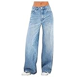 Yokbeer Damen High Waist Jeans mit weitem Bein Straight Denim Pants Lässige Baggy Zerrissene Distressed Hosen Y2k Streetwear (Color : Blue, Size : L)