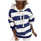 Yeau Damen Klassische Streifen Sweatshirt Kapuzenpullover Mode Lange Ärmel Oberteile Hemden Hooded Pulli mit Kapuze Pullover Hooded Sweatshirt Damen Lässig Gestreift H