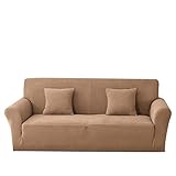 Carvapet Sofabezug 3 Sitzer Jacquard Sofahusse Elastische Stretch Sofa Überwürfe mit 2 Stücke Kissenbezug(Kamel)