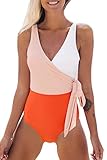 CUPSHE Damen Badeanzug mit Wickeloptik Farbblock Geknotete Einteilige Bademode Swimsuit Orange/Weiß XXL