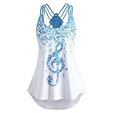 OverDose Damen Bandagen ärmellose Weste Top Musical Notes Drucken Strappy Tank Tops Bluse T Shirt(Blau,M)