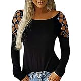 Schulterfrei Oberteil Damen Lange Ärmel Rundhal Kalte Schulter Ausgeschnitten T-Shirts Elegant Bluse Sexy Schulter Cut Out Langarmshirt Tops Casual T-Shirt mit Strasssteinen Einfarbig