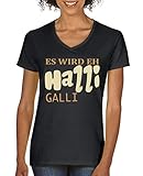 Comedy Shirts - Es wird eh Halli Galli - Damen V-Neck T-Shirt - Schwarz/Hellbraun-Beige Gr. L