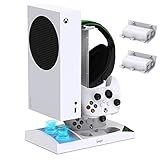 MENEEA Ladegerät-Ständer mit Lüfter für Xbox Serie S Konsole und Controller, with 2 x 1400 mAh wiederaufladbaren Akku, Kopfhörerhalterung and 9 Spielsteckplätzen (White)