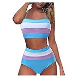 TYTUOO Vintage Damen Badeanzug Zweiteiliger Bikini Set Retro Neckholder Rüschen Hohe Taille Bademode Druck Damen Badeanzug Monokini, B-Blau, S