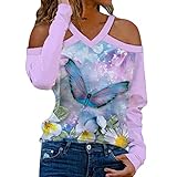 Damen Schmetterlingsdruck Pullover Shirt Herbst Langarmshirts Große Größen Elegant Longshirt Reißverschlus Shirts Bluse Schulterfrei Bluse Spitzenbluse mit Floral Patchwork Glitzer Oberteile D