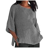 Damen Langarmshirt Einfarbig Retro Leinen Top Lässig Kurzarm Rundhals Tops Sweatshirts Oberteil Lose Blusehemd（Grau，XXXL）