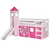 IDIMEX Rutschbett Benny Hochbett Kinderbett Spielbett Holzbett mit Rutsche, Vorhang und Turm Prinzessin Motiv rosa pink, Kiefer massiv weiß lackiert, 90 x 200