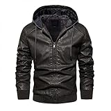 NHNKB Lederjacke Herren Kunstlederjacke Herbst Winter Jacke Übergangsjacke mit Kapuze, Männer Vintage Bikerjacke Bomberjacke Fliegerjacke aus Kunstleder, Winddicht, Wasserdicht, Atmungsak