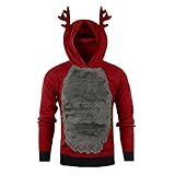 Lomelomme Herren Lustig Weihnachtspullover Ugly Teddy-Fleece Kapuzenpullover mit Kapuze Oversize Weihnachten Rentier Cosplay Kostüm Christmas 3D Funny Hooded Sweatshirts Pulli fur M