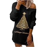 WANGTIANXUE Pullover Damen Weihnachten Sweatshirt Casual Lose Langarm Weihnachtsbaum Drucken Pullover Bluse Beliebten Langarm Shirts Schräger Kragen Schulterfrei Homewear Lang