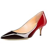 Damen Spitze Lackleder Eleganter Komfort Slip On Kitten Heel Kleid Pumps Schuhe Rot-Schwarz Größe 39