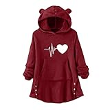 Zldhxyf Damen Niedlicher Bärenohr Langarm Kapuzen Sweatshirt Kunstpelz Warm Winter Plüsch Pullover mit Knöpfen Entspannt Winddicht Kapuzenpullover Fleece Farbstoff Drucken Top