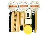DELARA 12-teiliges Schuhputz-Set mit drei Dosen Intensiver Lederpflege, Holzbürsten mit Naturborsten, Poliertuch und Schw