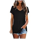 Damen Sommer T-Shirt Slim Fit Tee Basic Mädchen Kurzarm T-Shirt Mode Motiv Einfarbig Lose Sanft Shirt Sommer Oberteile Casual V-Ausschnitt Blickdicht Tshirt Tunika Kurzen Ärmeln Hemd B