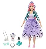 Barbie GML77 - Prinzessinnen-Abenteuer Daisy-Puppe mit Mode (ca. 30 cm), kurvig und mit pinken Haaren, mit Kätzchen, Diadem, 2 Paar Schuhe und Accessoires, für Kinder von 3 bis 7 J